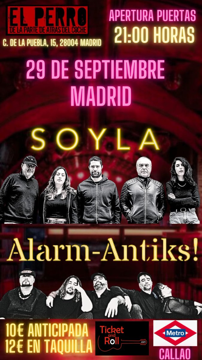 29/09 será el día en el que vamos a pasar por MADRID y lo haremos junto a nuestros amigos <a href="/Alarmantiks/">ALARMANTIKS</a>  en la mítica <a href="/elperroclubmad/">Sala EL Perro Madrid</a> 🎸🎸❤️❤️
Ya puedes conseguir tus entradas en este enlace! <a href="/ticketandroll/">Ticketandroll</a>
✅
ticketandroll.com/evento/soyla-e…
#madrid #concierto #musica #envivo #indie