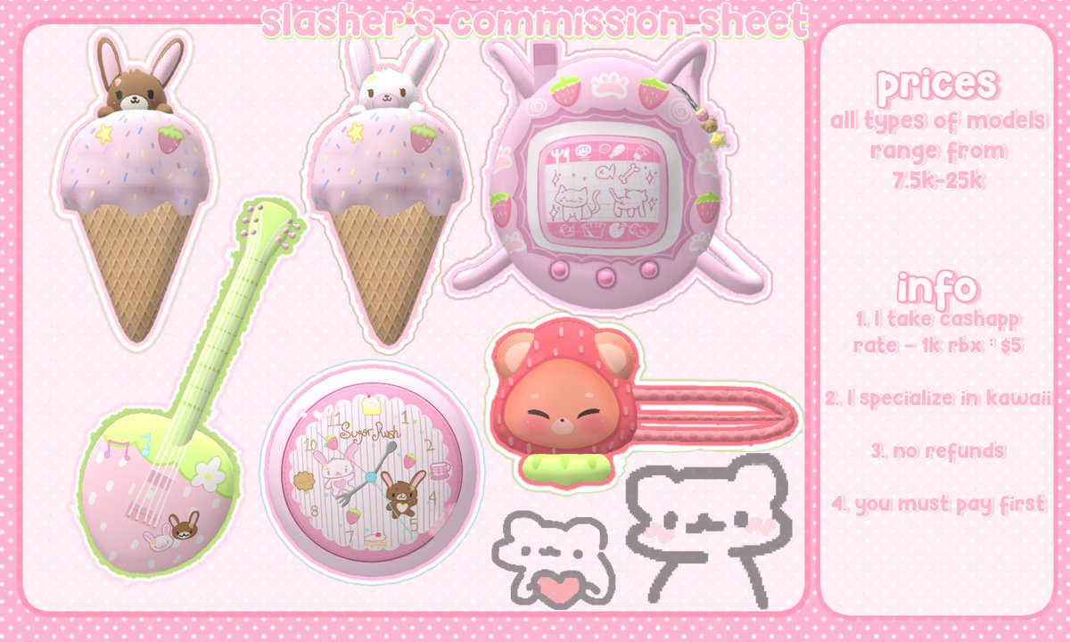 hi, my commission sheet
ALSO making models for uploads :3
#roblox #ROBLOX #RobloxDev #RobloxDevs #RobloxUGC #robloxclothing #robloxart