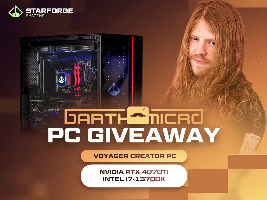 $2,700+ RTX 4070Ti Gaming PC Giveaway! To enter, perform these tasks via the link below: - Retweet and like - Follow @StarforgePCs, @DarthMicroT, @VastGG Enter Here: vast.link/Darth