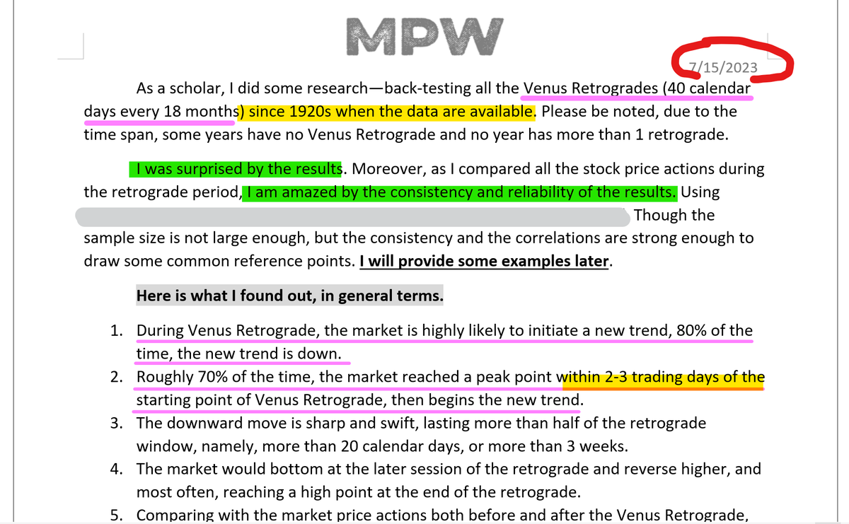 MasterPandaWu's tweet photo. Venus Retrograde (July 22-Sept. 3): (1) shared these findings about Venus Retro with subs last week. (2) pay attention to the findings 1 &amp; 2. (3) the topping window starts from 7/19 and runs to 7/21, as 7/23 is Sunday. https://t.co/SRVufalprw