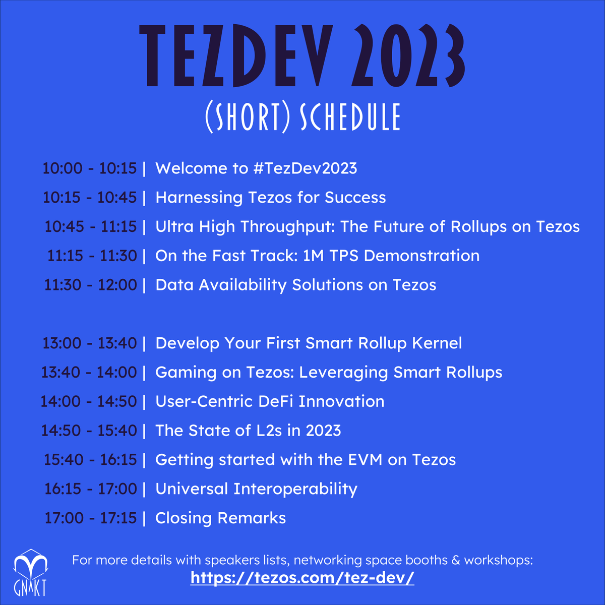 🗣️ #TezDev2023 what a schedule! 🔥
Have you digged it already? I'm so impatient!🤩

The 1M TPS Demo 🤖 OMG 👾

Really feels like #Tezos is entering a new era🚀
Is universal interoperability arround the corner?👀

Can't wait to meet you all there!🫂
#RiseOfRollups