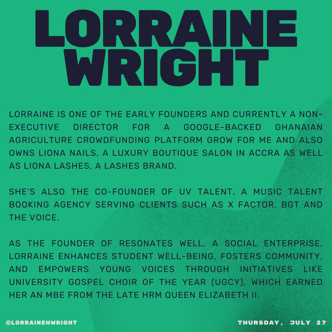 Lendoe (@wearelendoe) on Twitter photo On the 27th of July, we are excited to have <a href="/LorraineHWright/">Lorraine Wright #ChiefSideHustler</a> join us who was honored with an MBE in 2022 by the Queen for her exceptional social impact and community work in transforming the lives of young individuals through music.
Get your tickets now in our bio โ๐พ
#business On the 27th of July, we are excited to have <a href="/LorraineHWright/">Lorraine Wright #ChiefSideHustler</a> join us who was honored with an MBE in 2022 by the Queen for her exceptional social impact and community work in transforming the lives of young individuals through music.
Get your tickets now in our bio โ๐พ
#business