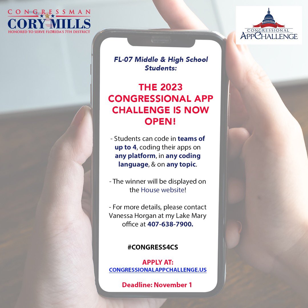 Proud to host the 2023 Congressional App Challenge for Florida's Seventh Congressional District and support STEM/coding education. 

For more details on how to apply, visit congressionalappchallenge.us @CongressionalAC #Congress4CS