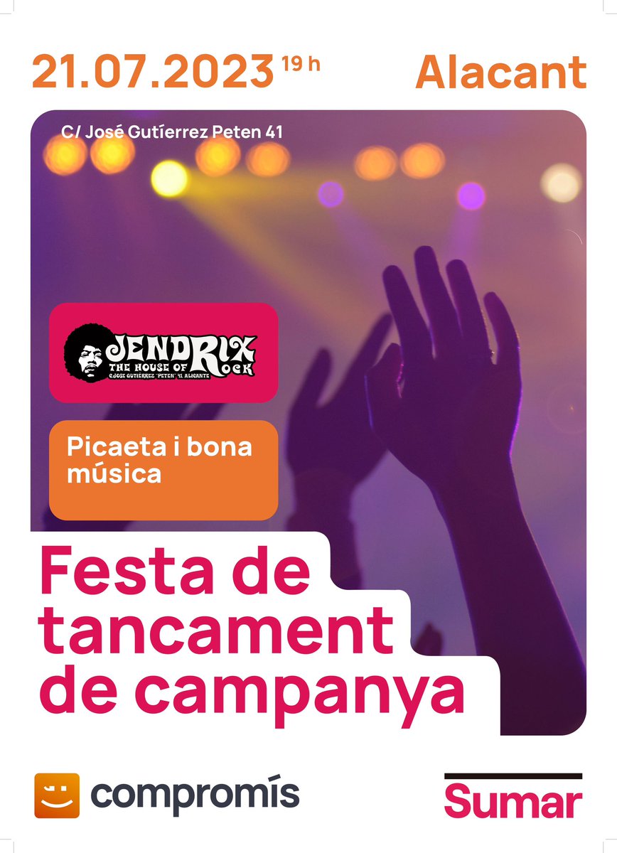 SumarPVOficial's tweet photo. ➡️A #Alacant
ens veiem també demà a la #FESTA de
#TancamentCampanya
Amb picaeta i bona música 🎶 al #Jendrix
⏰19:00h
📍Gutiérrez Peten, 41
Hi ha molt a celebrar.
Hem fet una gran campanya.
💪Eixim a guanyar. https://t.co/LpGx5VJ6Rb