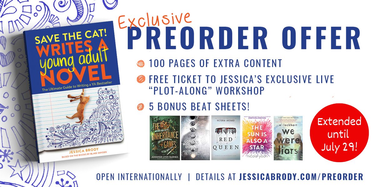 ICYMI, the preorder offer for SAVE THE CAT! WRITES A YOUNG ADULT NOVEL is EXTENDED to July 29! 📆✨ Score a FREE companion eBook with 5 BONUS BEAT SHEETS and extra goodies! Claim here 👉 jessicabrody.com/preorder-save-… 📚🎁