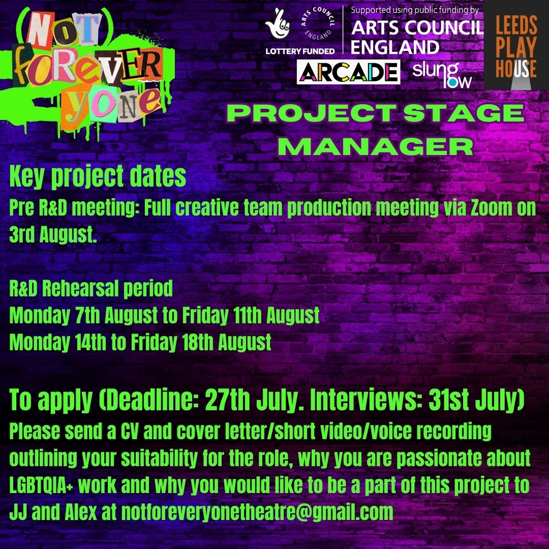 (Not)ForeverYone (@notforever_yone) on Twitter photo Are you a stage manager who is passionate about LGBTQIA+ work and trans representation?
We are looking for a Project Stage Manager for our <a href="/ace_national/">Arts Council England</a> funded R&D of 'How to be a HOT MESS'. The role will support the running of the R&D period. 1/4 Are you a stage manager who is passionate about LGBTQIA+ work and trans representation?
We are looking for a Project Stage Manager for our <a href="/ace_national/">Arts Council England</a> funded R&D of 'How to be a HOT MESS'. The role will support the running of the R&D period. 1/4