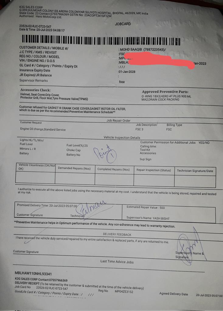 <a href="/HeroMotoCorp/">Hero MotoCorp</a> 
महोदय जी,
02-जनवरी-2023
मैंने भोपाल के K3G Sales Cop, गुलमोहर, भोपाल नामक आपके डीलर से हीरो SPLENDOR+ गाड़ी खरीदी थी।
मेरी गाड़ी में कुछ तकनीकी परेशानी आ रही थी जिसकी शिकायत हमने 1 हफ्ते मे फोन कॉल के द्वारा शोरूम में शिकायत दर्ज करवा दी थी.