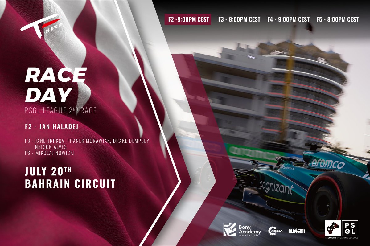 🔴🟠🟢 RACE DAY!
2nd round of the @PremierSimGL F1 championship is here 🇧🇭
Come to support our drivers on PSGL's live stream 📺 ✌️

#bonyacademy #coinfycryptotrading #all4sim #mecasimhardware #f122game #f122 #simracing
