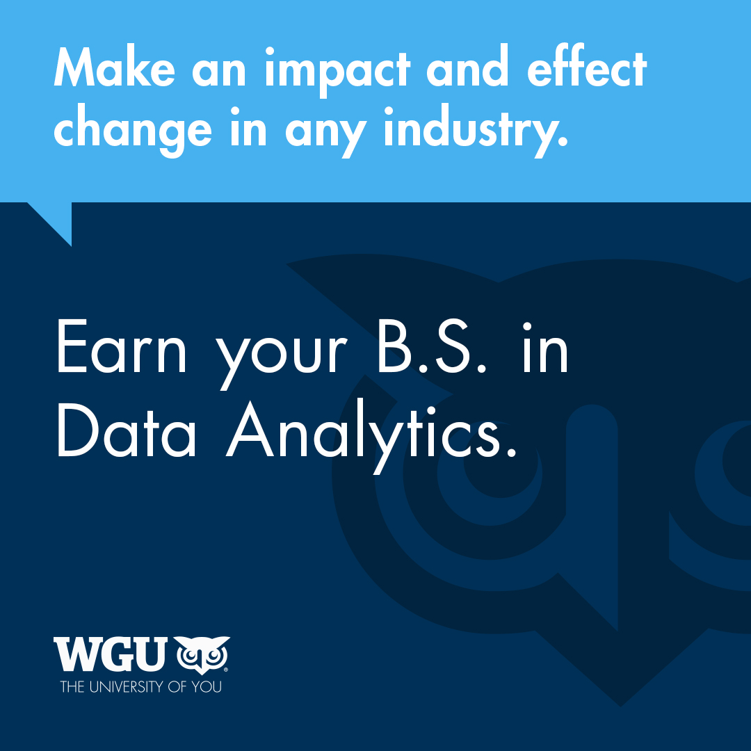 Data drives decisions. It drives innovation. Earn your B.S. in Data Analytics at WGU, 100% online and designed to work with your life. #WGU #data #analytics #bachelorsdegree bit.ly/44OepnK