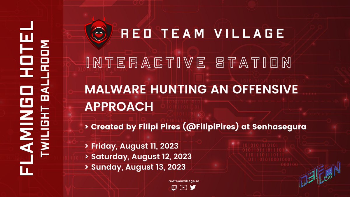 RedTeamVillage_'s tweet photo. 🤔 Be sure to check out the “MALWARE HUNTING AN OFFENSIVE APPROACH” workshop at RTV, created by @FilipiPires! 👏🏾
✅ See the schedule at https://t.co/DbckI3NOaK.
@defcon #defcon31 #infosec https://t.co/EFTJX25yxu