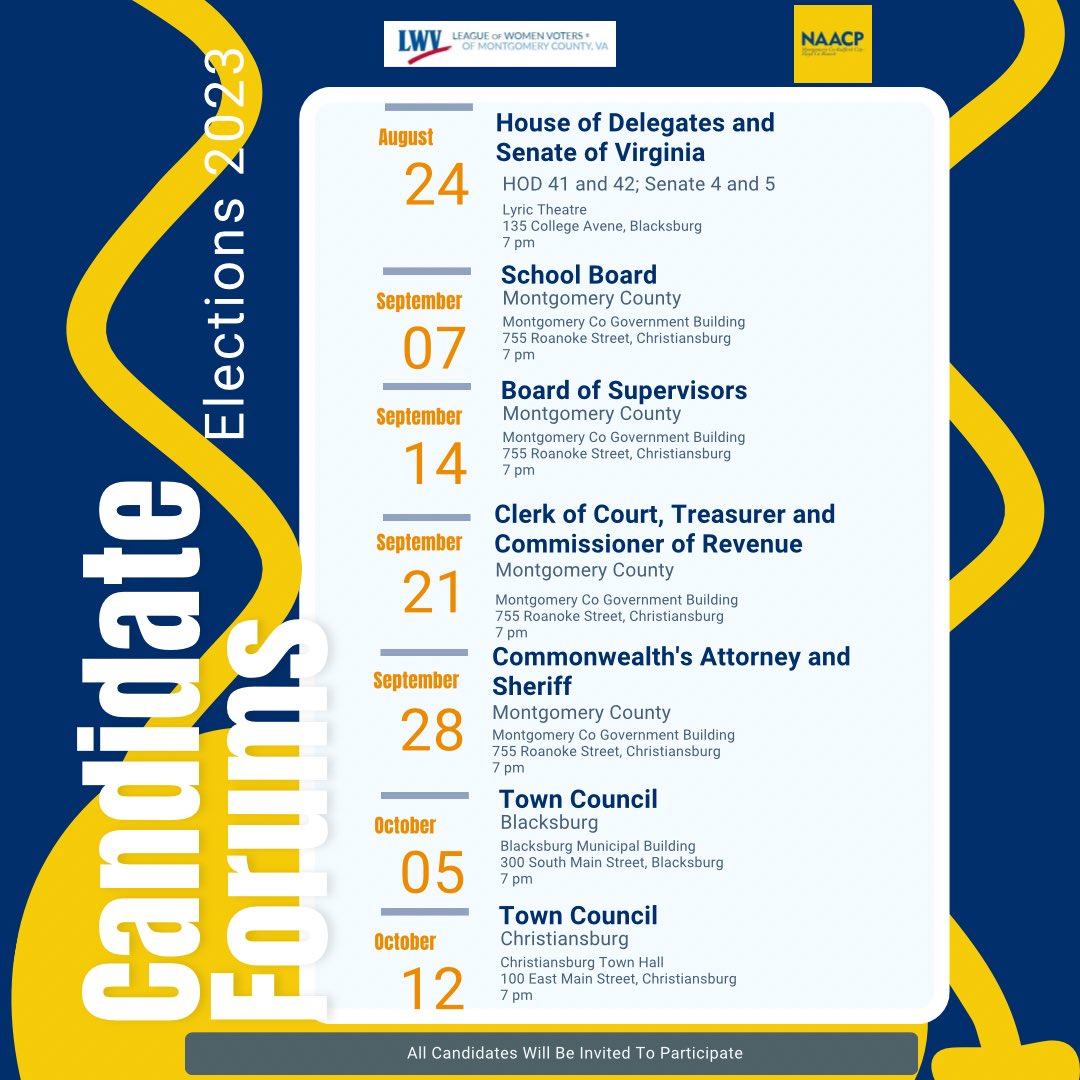 Excited to announce our Candidate Forums for 2023. Hosted by <a href="/mrf_naacp/">MRF NAACP</a> and <a href="/LWVMontCoVA/">LWV of Montgomery County, Virginia</a> Local Elections Matter!!!!