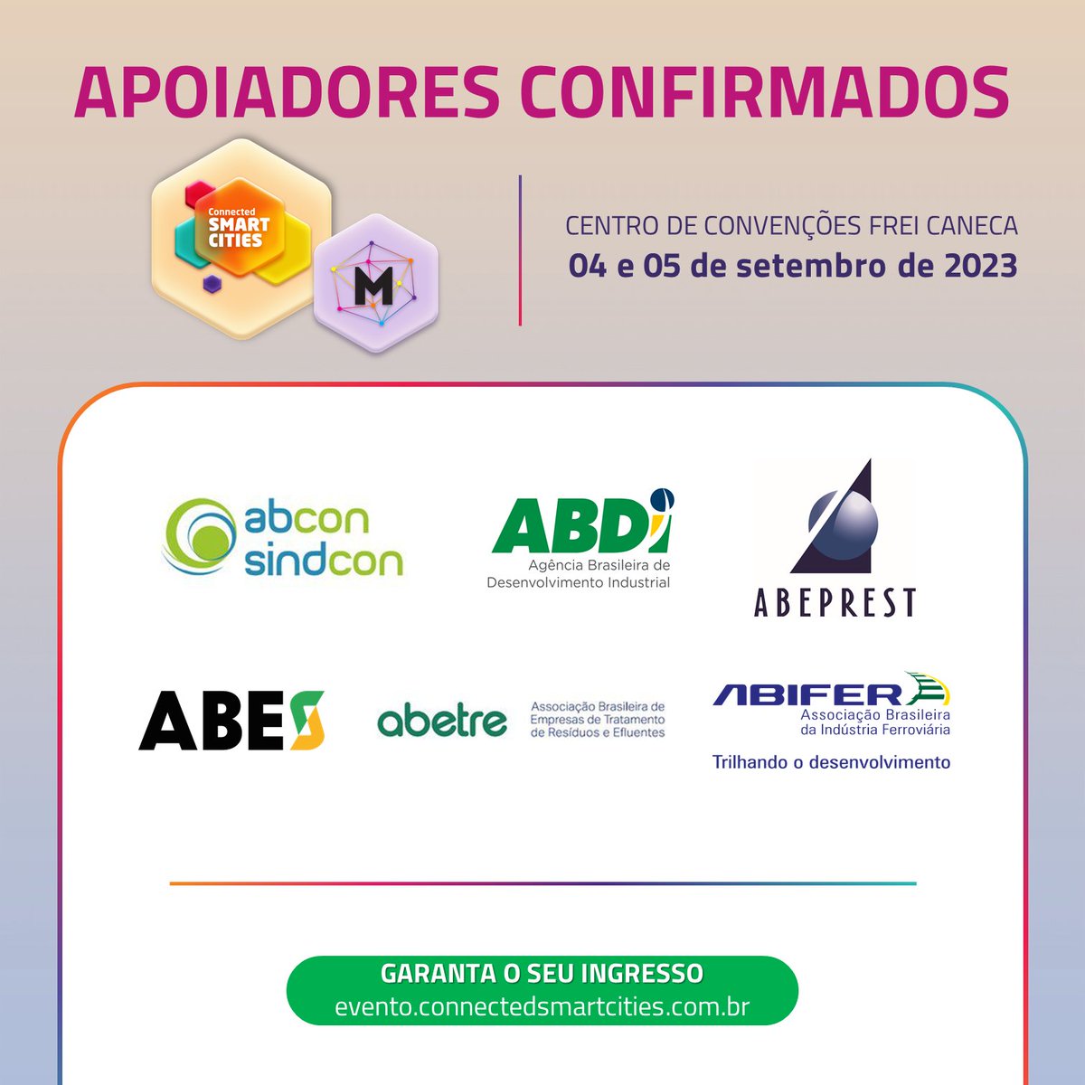 👉 Confira os apoiadores confirmados no Connected Smart Cities &amp; Mobility!

O CSCM promoverá insights valiosos, oportunidades de networking qualificado e debates envolventes com os principais profissionais do universo de #cidadesinteligentes.

Participe: evento.connectedsmartcities.com.br/evento-naciona…