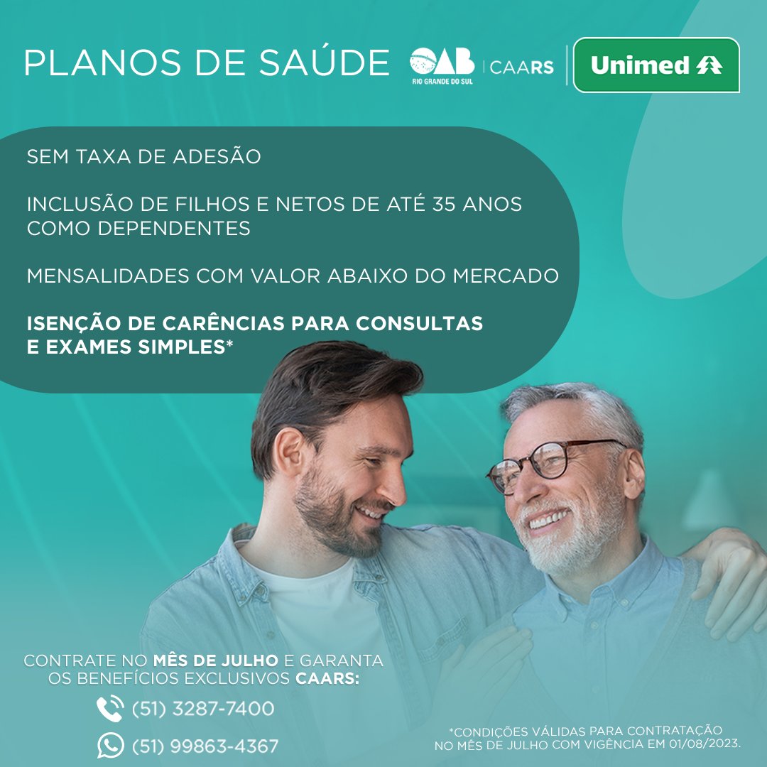 caars's tweet photo. Pare de adiar a contratação de um plano de saúde e comece a cuidar do seu bem-estar com a CAARS |  UNIMED!

Este mês, estamos oferecedo ISENÇÃO DE CARÊNCIAS PARA CONSULTAS E EXAMES SIMPLES! Aproveite!

Faça contato:

Telefone: (51) 3287-7400
WhatsApp: (51) 99863-4367 https://t.co/BRIMS2l2Dm