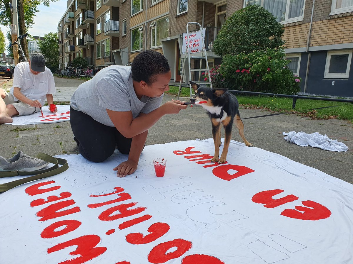 HoefslootRick's tweet photo. De huurders aan de Aaltje Noordewierstraat zijn weer druk spandoeken aan het schilderen! Ze blijven @hofwonen onder druk zetten totdat ze eindelijk dubbelglas krijgen! 💪💪✊✊ https://t.co/kg3el3XQP0