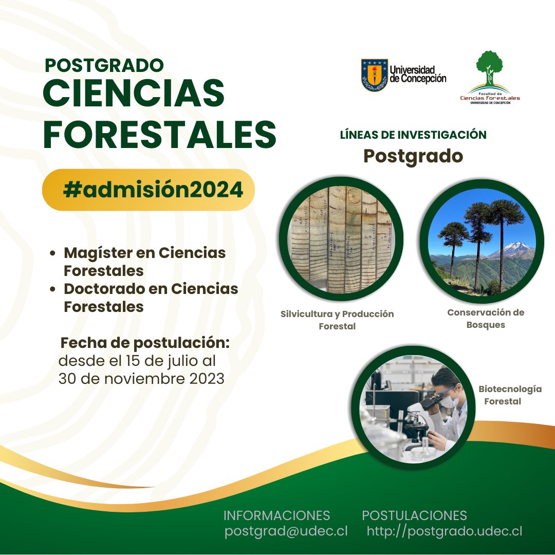 Hasta el 30 de noviembre del 2023 es posible postular a la nueva edición del Magíster y del Doctorado en Ciencias Forestales, que imparte la Facultad de Ciencias Forestales de la UdeC
*Más informaciones: postgrad@udec.cl
Postulaciones: postgrado.udec.cl #AcreditaciónUdeC