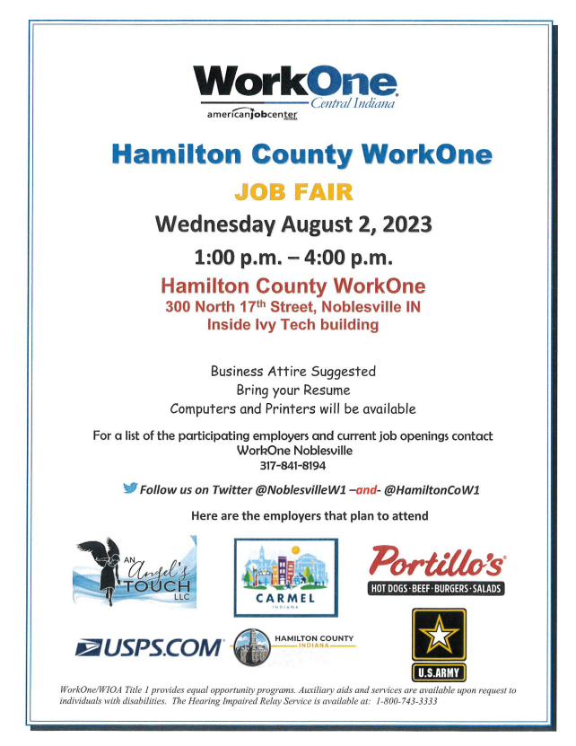 DelawareTwnspIN's tweet image. Looking for a job? Don't miss @HamiltonCoW1 's upcoming job fair!

#jobfair #Hamiltoncountyjobs #workone
