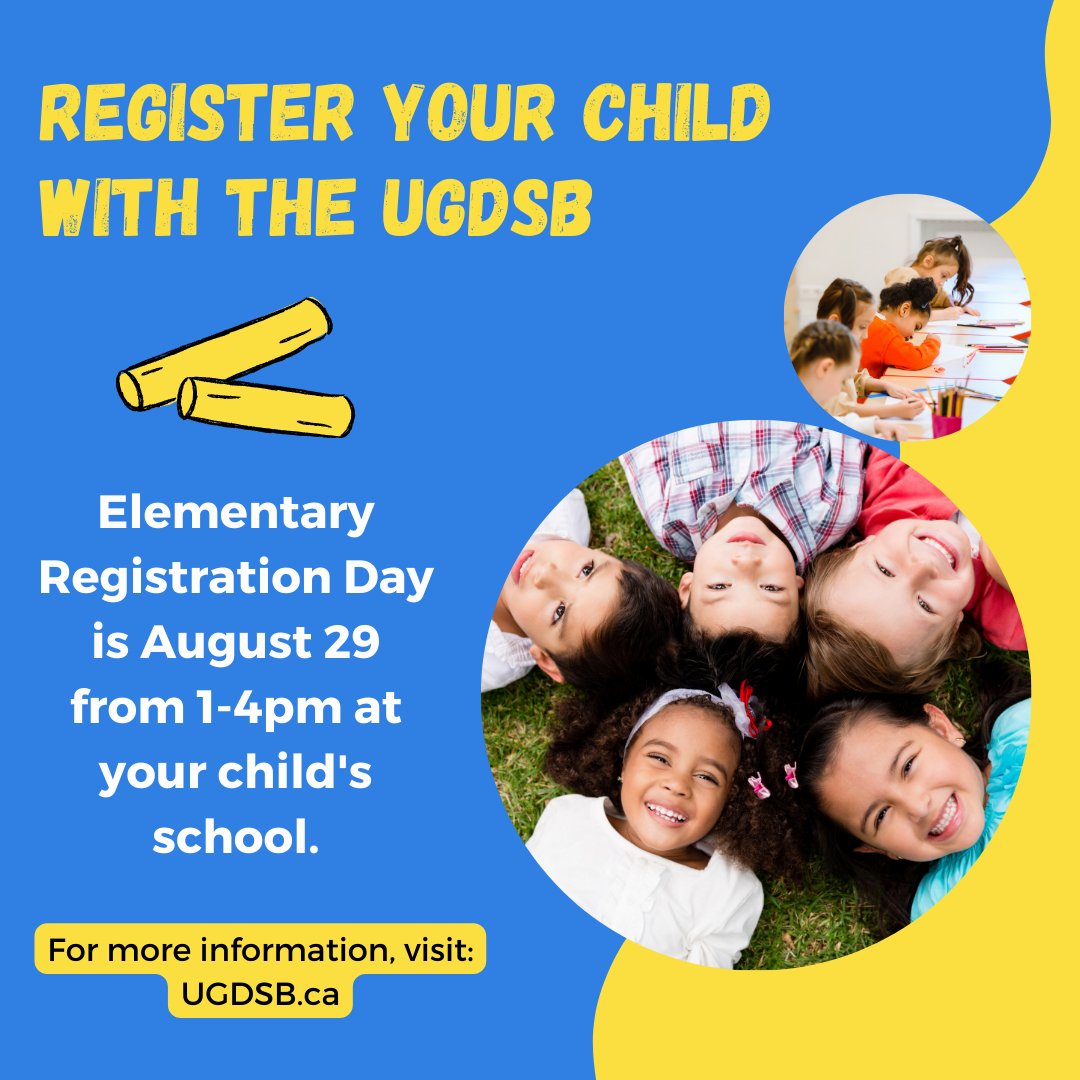 Schools may be closed but don’t forget to mark it in your calendar that Elementary Registration Day is happening August 29 between 1-4:00pm. Elem. Registration Day is for new UGDSB registrants only. For more info visit: ow.ly/b5vs50Pgze8 #UGRegistration