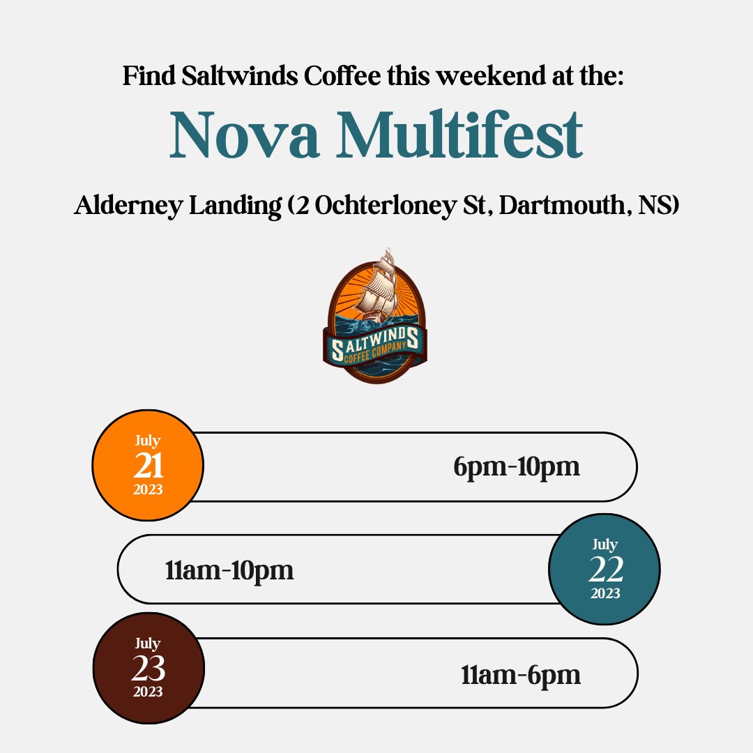 Catch Saltwinds Coffee July 21st-23rd at the @multifestns! We'll be set up at the Alderney Landing with coconut iced coffee samples, our spinning wheel, and of course bags of beans! You won't want to miss this event.  #LocalCoffee #FreshlyRoasted #novascotia #novascotialife