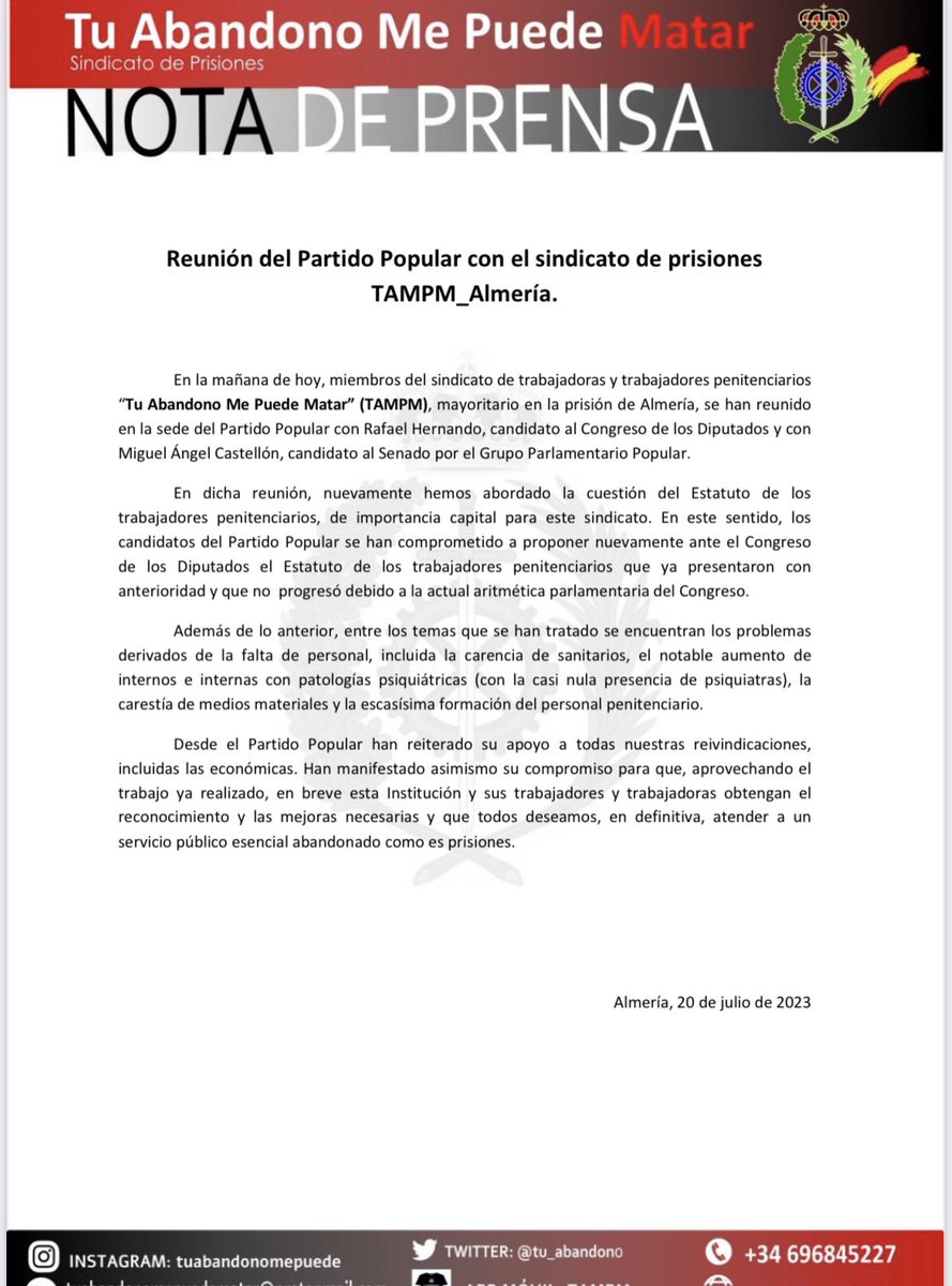 Tampm_Almeria's tweet photo. 🏴TAMPM, sindicato mayoritario en la prisión de Almería , ha mantenido hoy una reunión en la sede del partido popular con @Rafa_Hernando candidato al Congreso por #Almería y con @mcastellonPP ,candidato al Senado por #Almería @ppopular https://t.co/EwXt6SYXqt