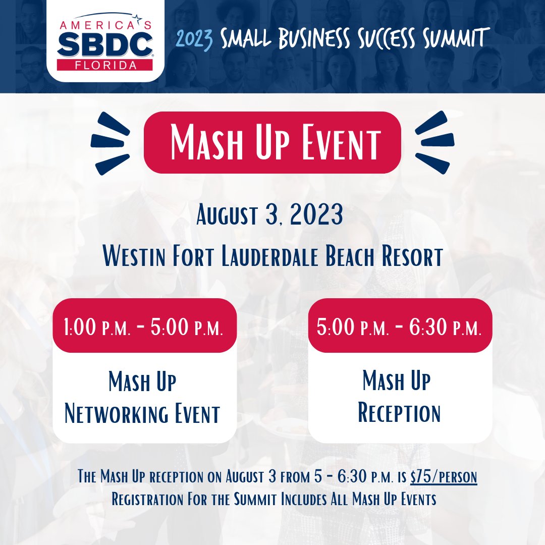 FloridaSBDCN's tweet photo. We are excited to host a Mash Up event during our #2023SBSS, where reps from service providers &amp; accelerators across FL will be available to connect.

Join us &amp; orgs like the @uspto, Federal Labs, @FloridaAtlantic Tech Runway, the @DoolittleInst &amp; more! https://t.co/ciQ1VURltk https://t.co/0f1x38SlQG