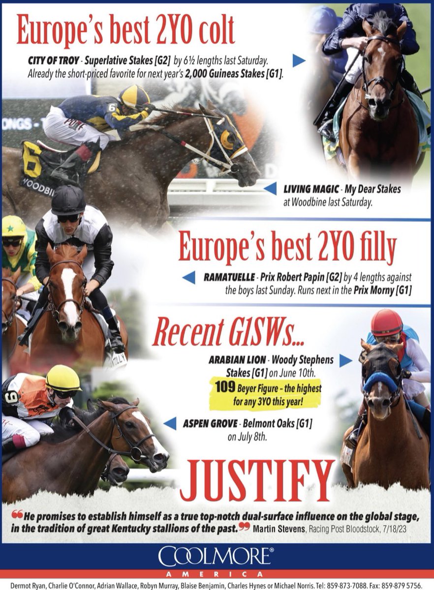 theTDN's tweet photo. Europe’s best 2YO colt: City Of Troy, winner of the G2 Superlative Stakes

Europe’s best 2YO filly: Ramatuelle, winner of the G2 Prix Robert Papin

Both sired by JUSTIFY, standing at @coolmoreamerica 🔥 https://t.co/zosg3tiorC