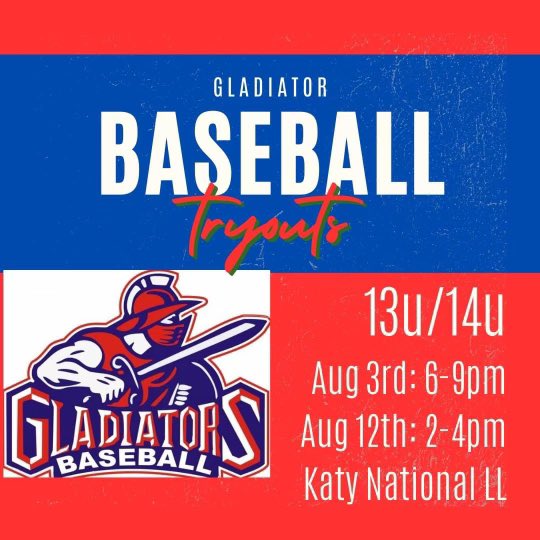 Come grow with the Gladiator Family! Contact Jed McBride at 409-781-3062 or message me here for more info! #tryouts #houstontx #TXBaseball #katytx