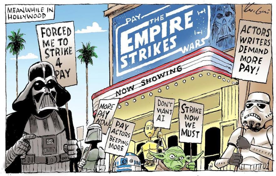 SieteSofi's tweet image. Anfibológico uso de "strikes" por Mark Knight 🇦🇺 sobre la huelga de guionistas y actores🇺🇸 #ActorStrike #HollywoodStrike 

➕#humor &amp;amp; #cine #Cinema #cartoon #cartoons 
👉vetustideces.blogspot.com/2023/07/humor-…