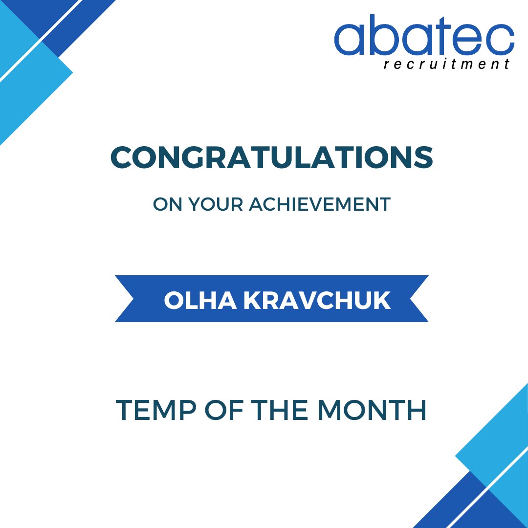 It's time for #tempofthemonth
We are pleased to announce that Olha has been chosen as the Temp of the Month by our client, owing to her exemplary hard work, dedication, and reliability. Her commitment to excellence has set a commendable standard for all our temporary staff.