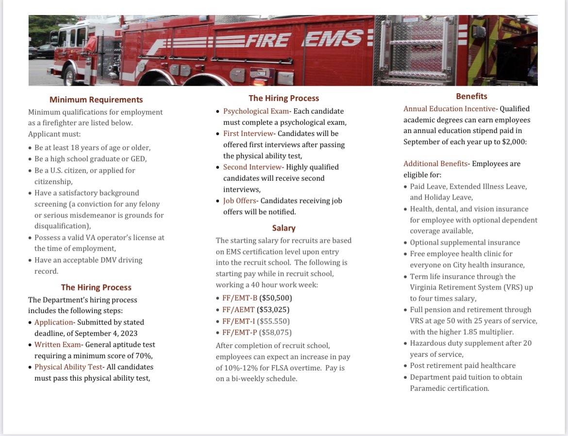 Recruitment for Firefighter/EMT and Firefighter/Paramedic is now open through September 4, 2023.