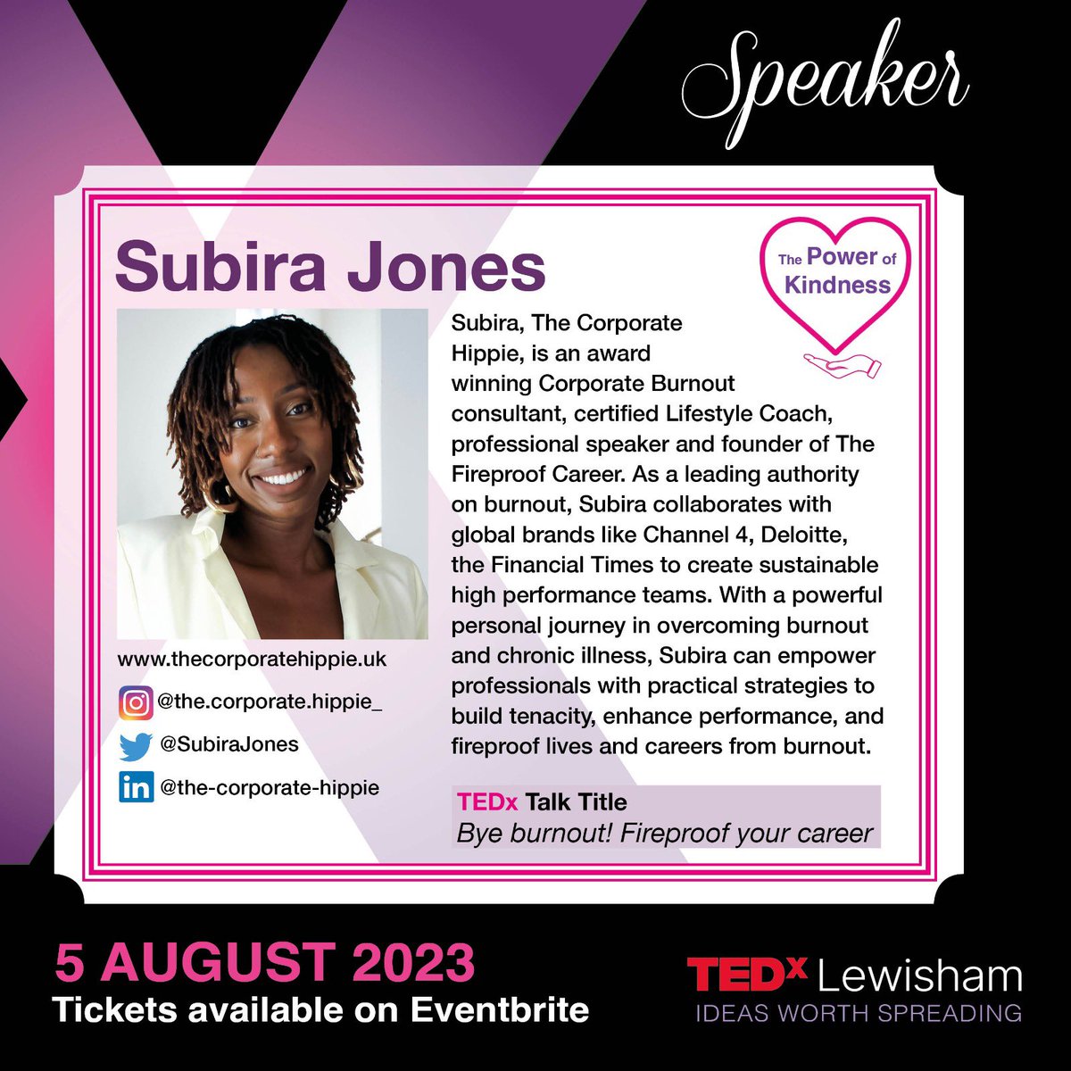 ⭐️Speaker Announcement⭐️

We’re happy to announce our second TEDx Lewisham speaker for our forthcoming event on 5 Aug 2023 🎉

<a href="/SubiraJones/">Subira.Jones</a> will take the stage with her Tedx talk: 

“Bye burnout! Fireproof your career” 🗣️

We’re excited, please join us - rb.gy/ieew