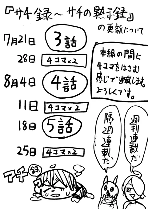 『サチ録～サチの黙示録～』は毎週金曜日に、本編、番外4コマ、本編、番外4コマ…の順で掲載されます。よろしくです。