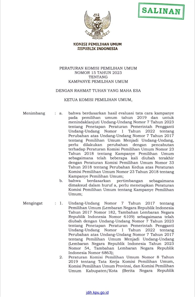 netgrit's tweet photo. Peraturan Komisi Pemilihan Uumum Nomor 15 Tahun 2023 tentang Kampanye Pemilihan Umum.
Silakan unduh dokumen tersebut pada link berikut:
https://t.co/gOjQOlq5uL
.
.
.
#Netgrit
#PemiluSerentak2024 https://t.co/qTiHSlQ069