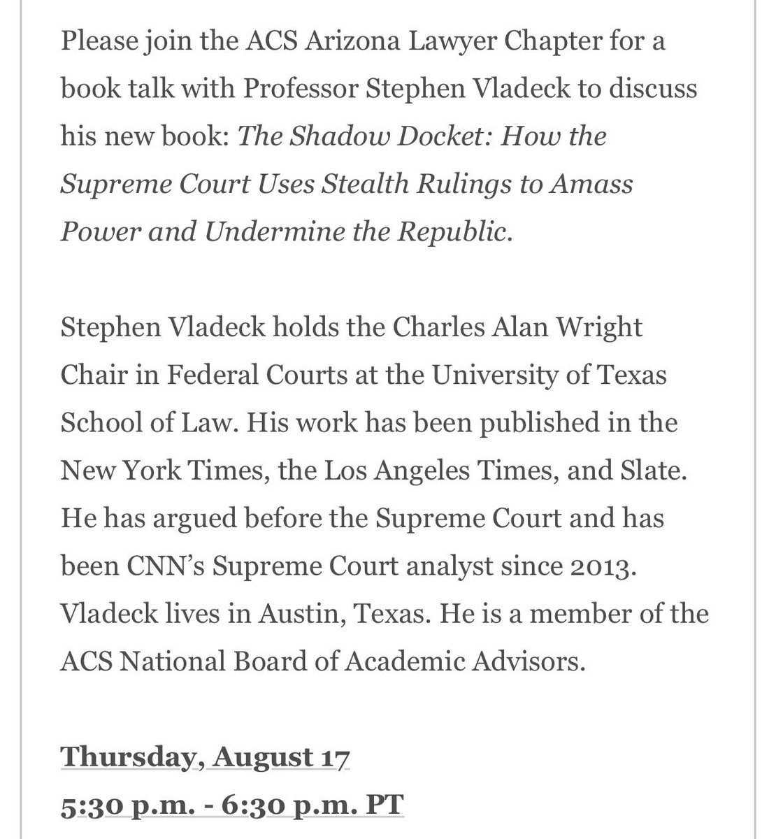 American Constitution Society Arizona Chapter (@acs_arizona) on Twitter photo Join the ACS Arizona Lawyer Chapter August 17 for a fantastic event with Professor Stephen Vladeck <a href="/steve_vladeck/">Steve Vladeck</a> talking about his new book about the Supreme Court’s shadow docket.
Register here: getinvolved.acslaw.org/component/even… Join the ACS Arizona Lawyer Chapter August 17 for a fantastic event with Professor Stephen Vladeck <a href="/steve_vladeck/">Steve Vladeck</a> talking about his new book about the Supreme Court’s shadow docket.
Register here: getinvolved.acslaw.org/component/even…