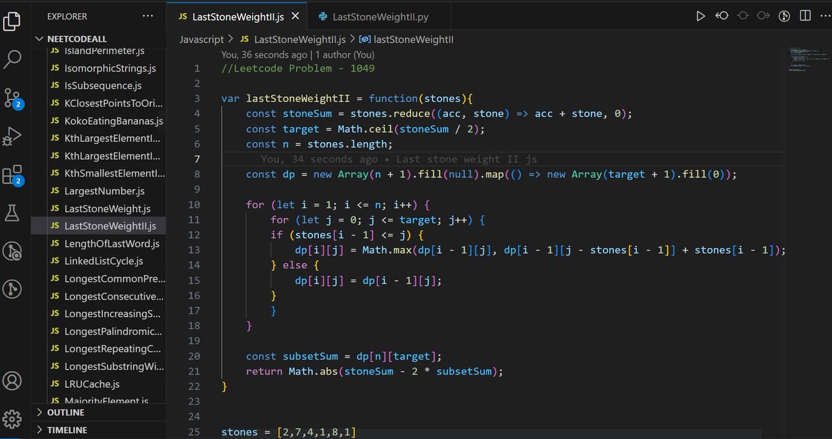 nithinchandranp's tweet photo. Daily Update Tweet: 
Day 193 of #100daysofcode @LearnWeb3DAO
1. Solved the problem Last Stone Weight II(No. 1049) Leetcode
https://t.co/VjNGkogaK4 https://t.co/TMkBLAw00j