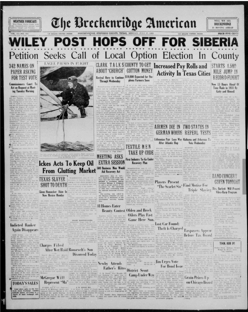 ContemTXHist's tweet image. Texas newspapers of the early 1930s often tracked the flights of aviator Wiley Post, who was born near Grand Saline. (Handbook of Texas: bit.ly/3Ok6nxA) Post was a pioneer in high altitude flight. He was killed with humorist Will Rogers in an Alaska plane crash in…