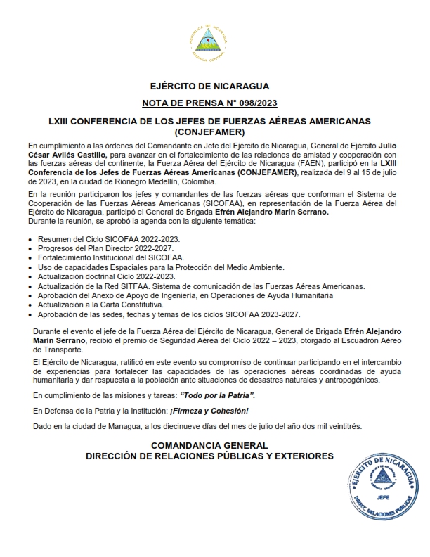 EjercitoNic's tweet photo. #NOTADEPRENSA | En cumplimiento a las órdenes del #ComandanteEnJefe, para avanzar en el fortalecimiento de las relaciones de amistad y cooperación, la #FuerzaAéreaNi, participó en la LXIII Conferencia de los Jefes de Fuerzas Aéreas Americanas (CONJEFAMER), realizada en #Colombia. #TodoPorLaPatria