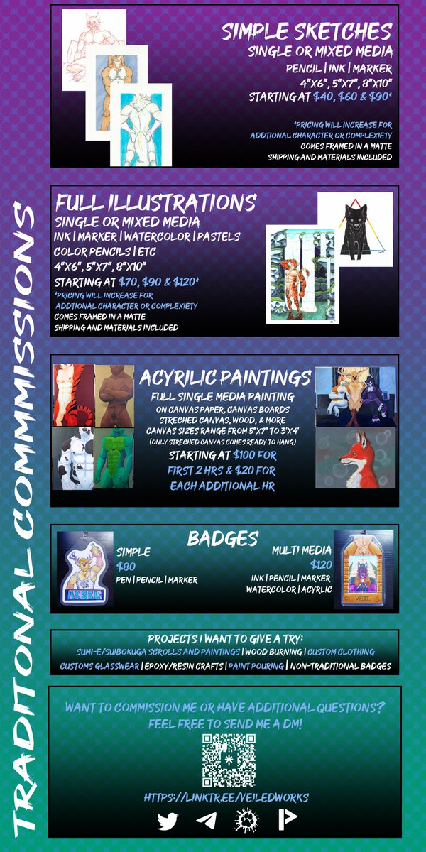 VeiledWorks's tweet photo. Revamping and dropping info about my digital c*mmission pricing as well as my traditional pricing as well.   

Can only do 2-3 slots at a time depending on a few things. 

But yeah. Hit me up if you're down for a c*mmish  Linktree in the comments for Telegram https://t.co/SgfQLlIabn