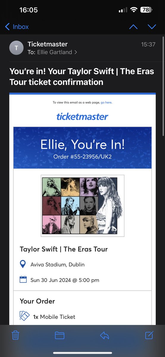 ell_gart's tweet photo. Taylor Swift Ears Tour Ticket for sale for the Dublin show (30th June). £150. Bought the last ticket and don’t want to go alone https://t.co/qrMpxqJGEF