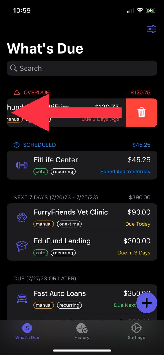 WhatsDue_app's tweet photo. In What’s Due, you can swipe on a bill to quickly perform an action.

Swipe right to mark a bill as:
- Paid (green button)
- Scheduled (blue button)
- Still Due (yellow button)… if it was already scheduled or paid

Swipe left to delete a bill. https://t.co/O4NtnDaMnY