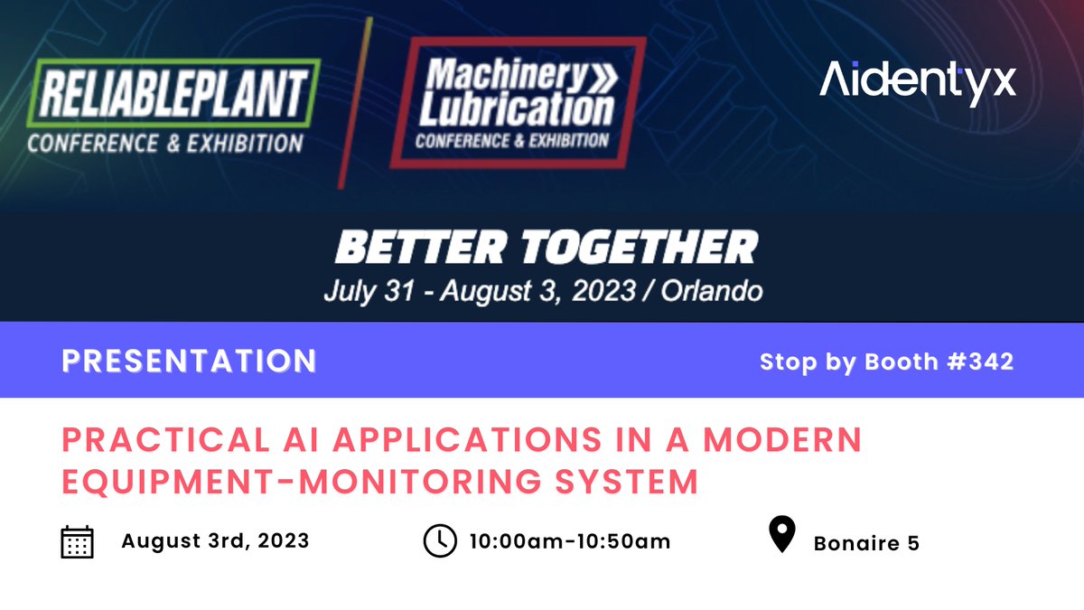 aidentyx's tweet photo. Elevate your maintenance and reliability game with us at Reliable Plant in two weeks! Join us for an engaging presentation and discover our industry-leading solutions at Booth 342! See you soon!

#machinehealth #dataanalytics #smartmanufacturing #reliableplant2023 @NoriaCorp https://t.co/jA2QotyeHg