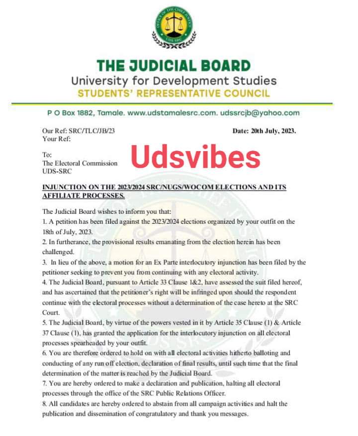 udsvibes's tweet photo. Injunction on The 2023/2024 SRC/NUGS/WOCOM Elections and Affiliate Processes.
Details below ๐.
#UDS #udsdecides https://t.co/PGRaAeZwvF