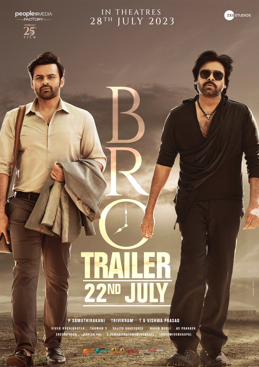 The Blasting Duo @PawanKalyan & @IamSaiDharamTej will walk in to our worlds with the Most awaited Mass Celebration 🥳 #BROTrailer will storm your timelines on July 22nd 📣🔥 @thondankani @TheKetikaSharma @MusicThaman @vishwaprasadtg @vivekkuchibotla @sujithvasudev @NavinNooli…