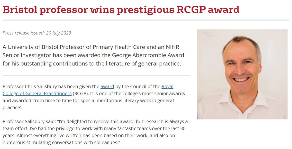 CAPC, Bristol (@capcbristol) on Twitter photo Huge congratulations to Prof Chris Salisbury <a href="/prof_tweet/">Chris Salisbury</a> who has been awarded the prestigious <a href="/rcgp/">Royal College of General Practitioners</a> George Abercrombie Award for his outstanding contributions to the literature of #GeneralPractice.
bristol.ac.uk/primaryhealthc…
<a href="/BristolUni/">University of Bristol</a> <a href="/NIHRresearch/">National Institute for Health and Care Research</a> <a href="/NIHRSPCR/">NIHR School for Primary Care Research</a> <a href="/sapcacuk/">SAPC</a>
#SAPCASM Huge congratulations to Prof Chris Salisbury <a href="/prof_tweet/">Chris Salisbury</a> who has been awarded the prestigious <a href="/rcgp/">Royal College of General Practitioners</a> George Abercrombie Award for his outstanding contributions to the literature of #GeneralPractice.
bristol.ac.uk/primaryhealthc…
<a href="/BristolUni/">University of Bristol</a> <a href="/NIHRresearch/">National Institute for Health and Care Research</a> <a href="/NIHRSPCR/">NIHR School for Primary Care Research</a> <a href="/sapcacuk/">SAPC</a>
#SAPCASM