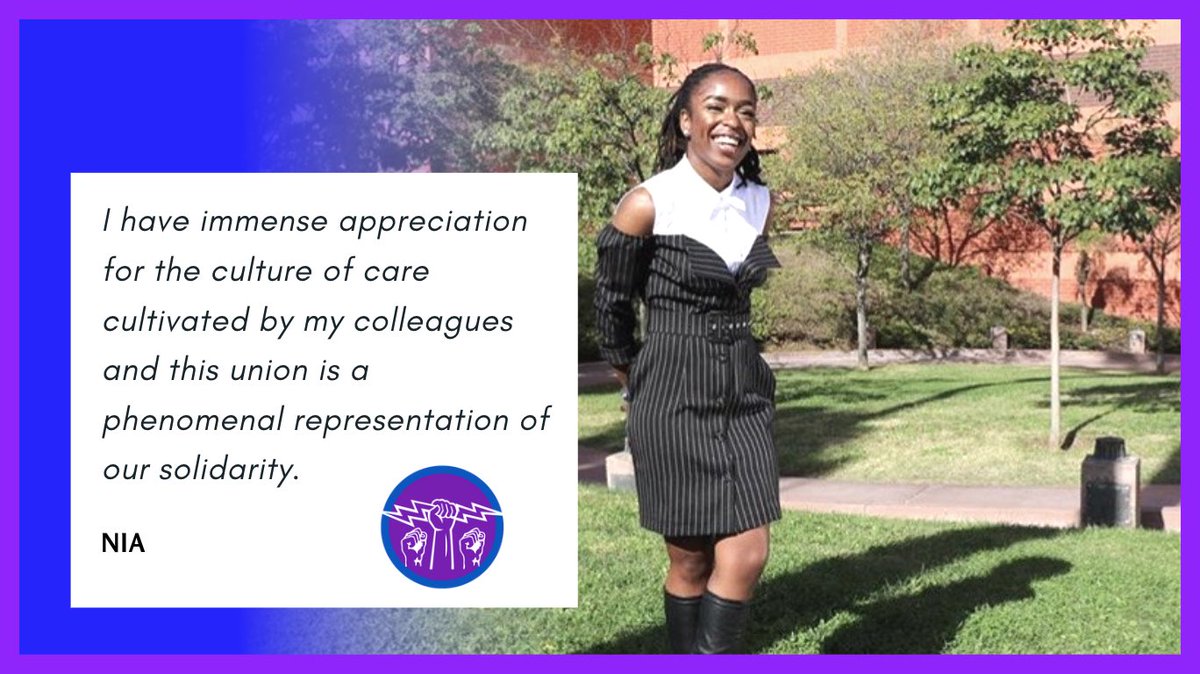 LibGenGuild's tweet photo. Informed by a #BlackWomenBest (BWB) framework, we’re fighting for a workplace that centers Black women, including the Black women on our team whose organizing is rooted in brilliance and thoughtfulness. 

Here’s what our #union drive means to them! 💜 #UnionStrong #1u https://t.co/T2Kz02ocxh