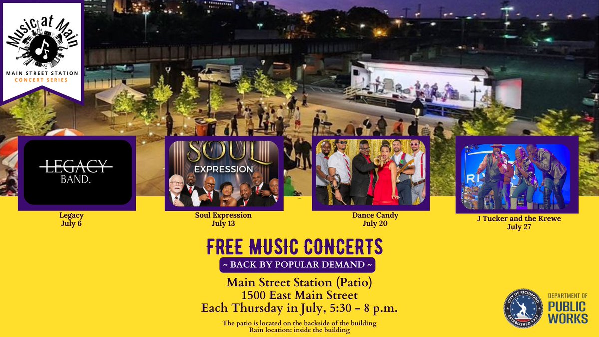 DPW_RichmondVA's tweet photo. Hey Richmond, make plans to join us at Main Street Station (MSS) tonight, July 20 to catch some FREE music, fun & food! Join us on the patio, 1500 E Main Street from 5:30 to 8 pm. Bring a friend! #freemusic #MusicatMain #1RVA https://t.co/Kb5JnkmgJW