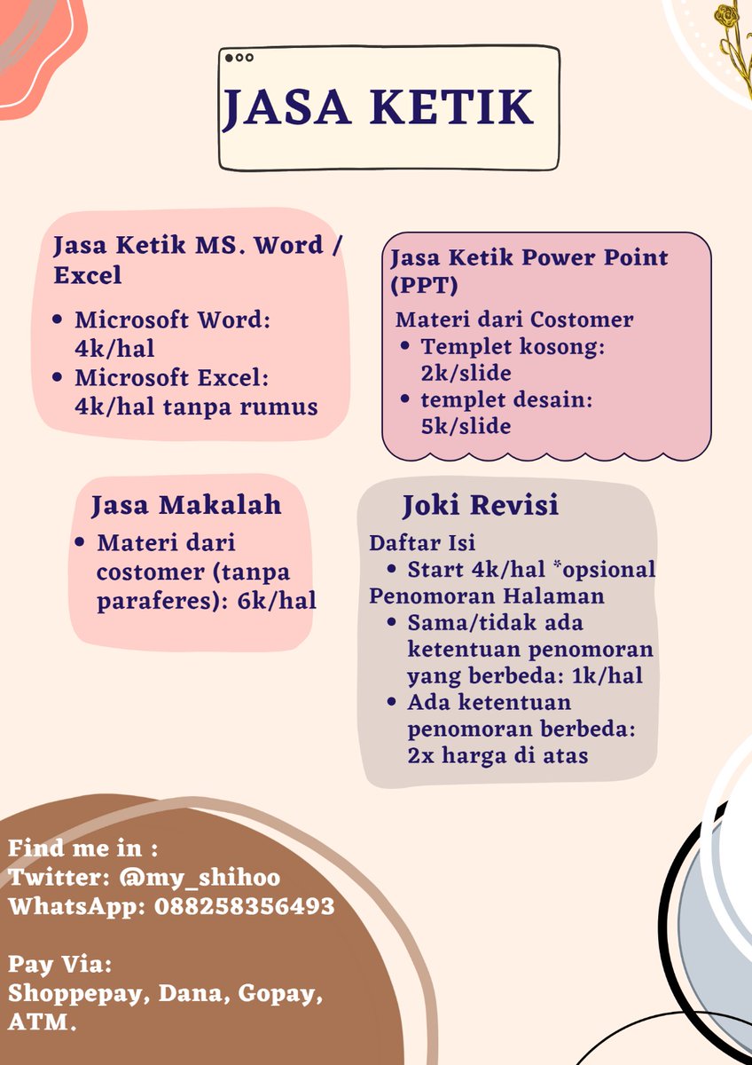 my_shihoo's tweet image. Halo guy&apos;s, aku open jasa ketik dan jual pulsa/Kouta all operator yah ^^. Mau nanya² juga boleh kok, DM aja nga papa 😁 silahkan hubungi nomor yang tertera di Bio yah buat fast respon nya, terimakasih 😇

#zonauang #zonaba #zonajajan #jokitugas #jasaketik