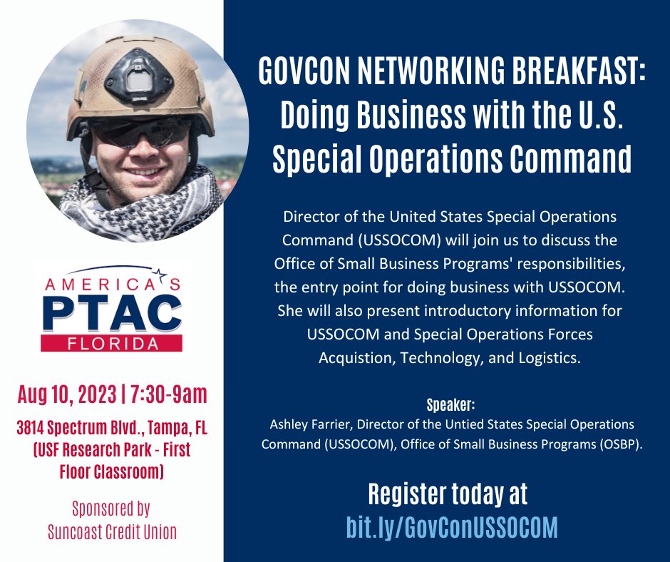 usfsbdc's tweet photo. Join us next month on August 10th, as the Director of the United States Special Operations Command (USSOCOM) joins us to discuss the Office of Small Business Programs' responsibilities, the entry point for doing #business with USSOCOM!

➡️Register today at https://t.co/8uni4YBSOb https://t.co/MfIsyXxJ2Z