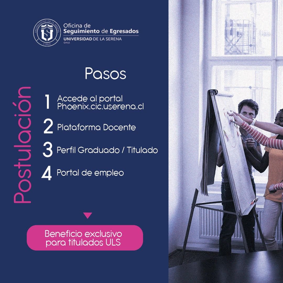 EgresadosULS's tweet photo. Nuevamente tenemos una gran noticia para titulados y tituladas ULS! 🎉👀 ¿Estás en busca de empleo? 🙌 Accede a Phoenix (https://t.co/iD5O0Ed4kM), el portal de empleo exclusivo para titulad@s de la Universidad de La Serena @userena @Diveuls @periodismo_uls https://t.co/4V5uZYsBFm