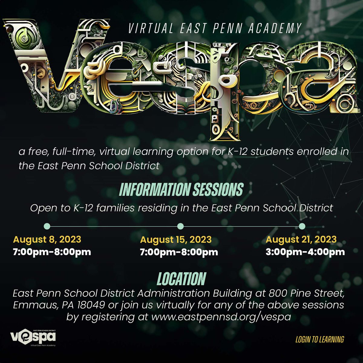 EastPennSD's tweet photo. VESPA is a free, full-time K-12 virtual learning option for  Ss enrolled in the EPSD. Join our info sessions either in person or virtually on 8/8, 8/15 or 8/21. For more information about how VESPA can meet your Ss needs, please see link below.
https://t.co/LAvvYHzk5C https://t.co/LbcENsl00Q