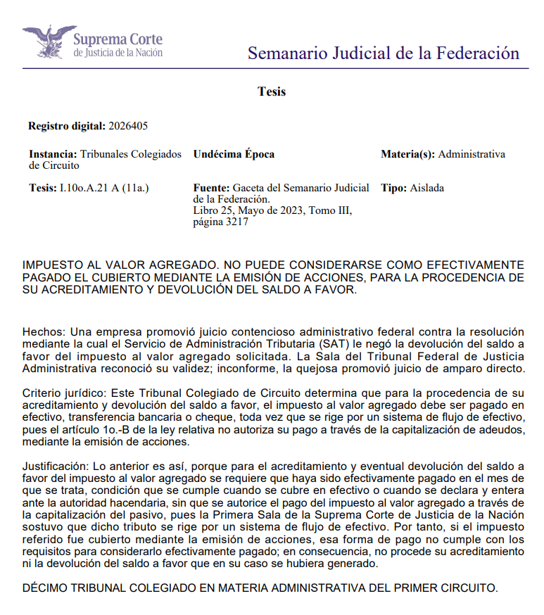 LEGARAMX's tweet photo. IMPUESTO AL VALOR AGREGADO. NO PUEDE CONSIDERARSE COMO EFECTIVAMENTE PAGADO EL CUBIERTO MEDIANTE LA EMISIÓN DE ACCIONES, PARA LA PROCEDENCIA DE SU ACREDITAMIENTO Y DEVOLUCIÓN DEL SALDO A FAVOR. https://t.co/ckE9BAiQ4k